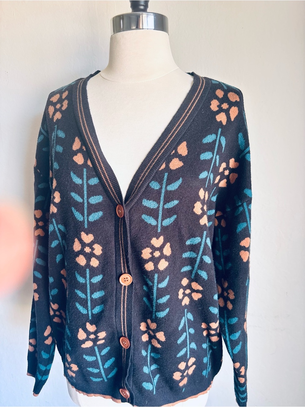 Black Floral Button-Front Chunky Knit Cardigan Sweater - Picture 2 of 3